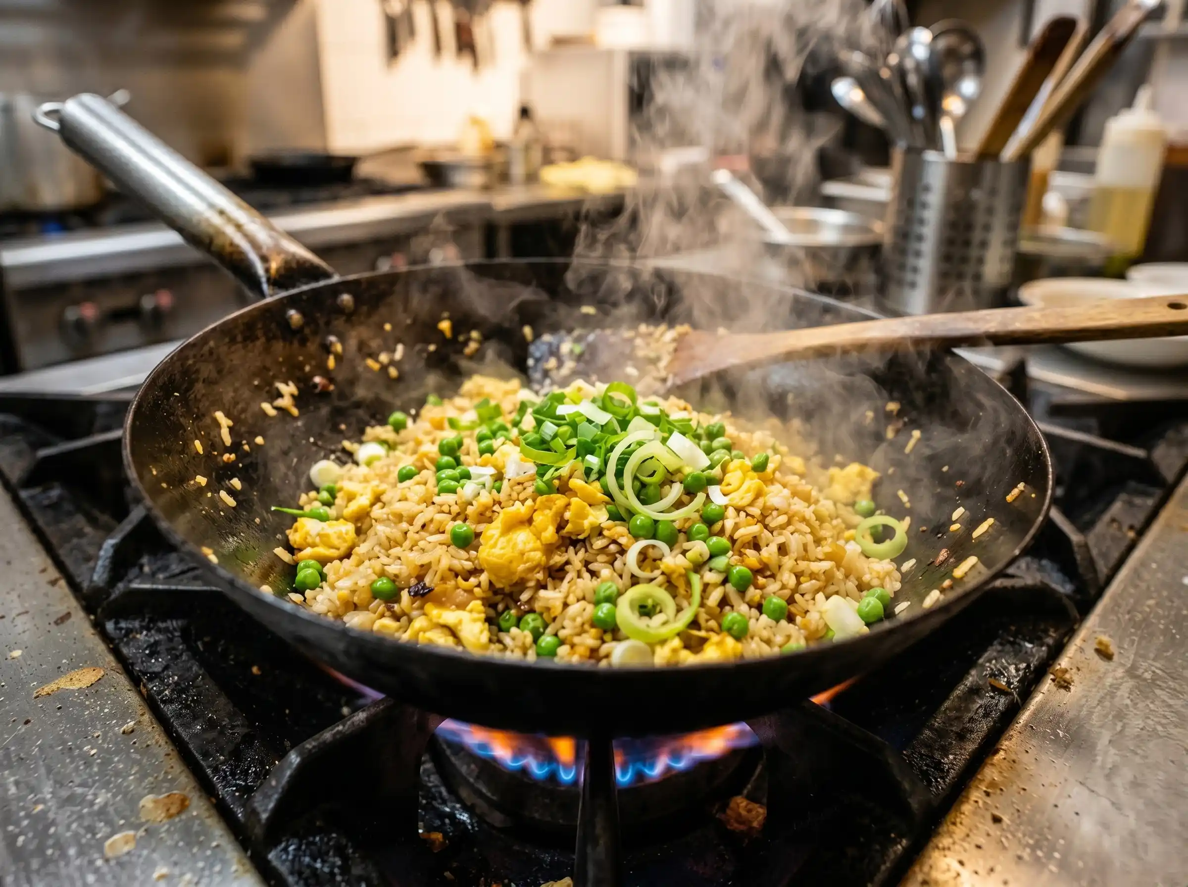 A close-up shot of a sizzling wok with egg fried rice, golden eggs, peas, and green onions scattered on top, steam rising, shot from slightly above at an angle.