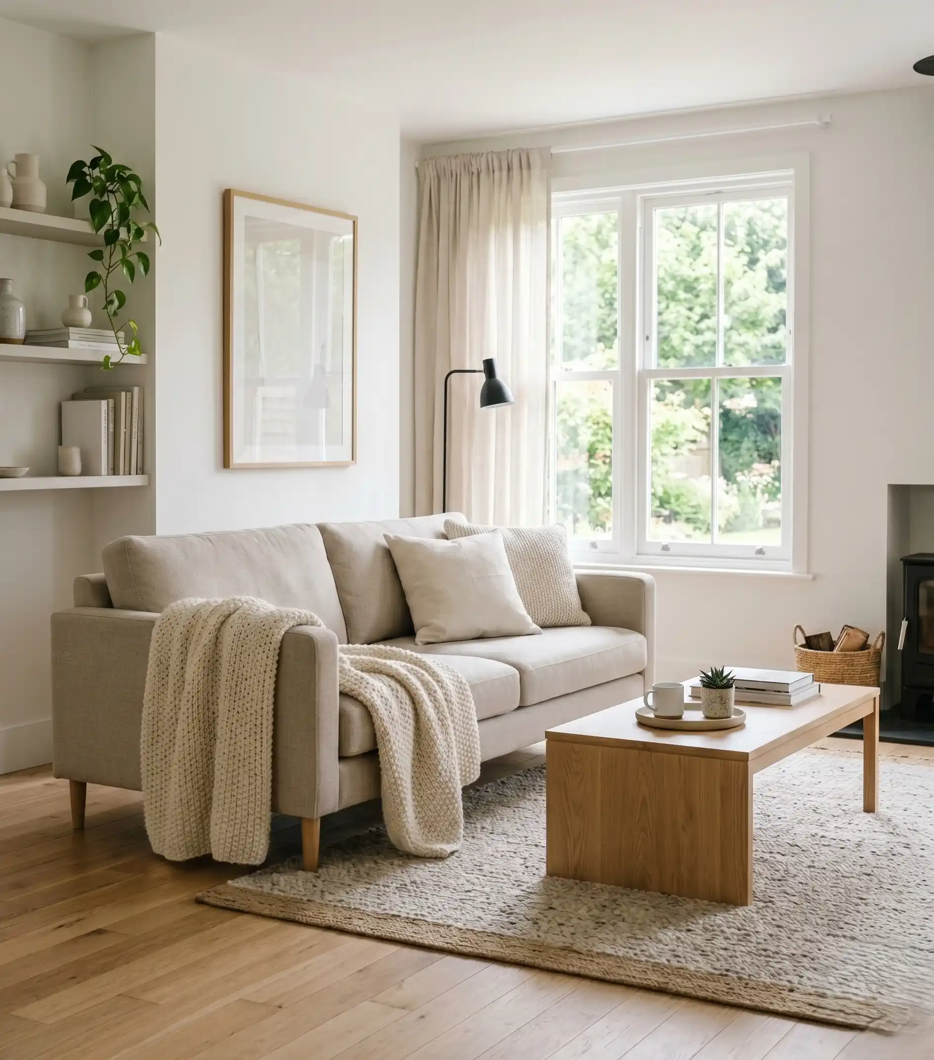 A bright, beautiful "after" photo of a calm, uncluttered living room &mdash; minimal decor, clear surfaces, a cozy couch with a throw blanket, soft natural light &mdash; the visual reward for all the hard work.