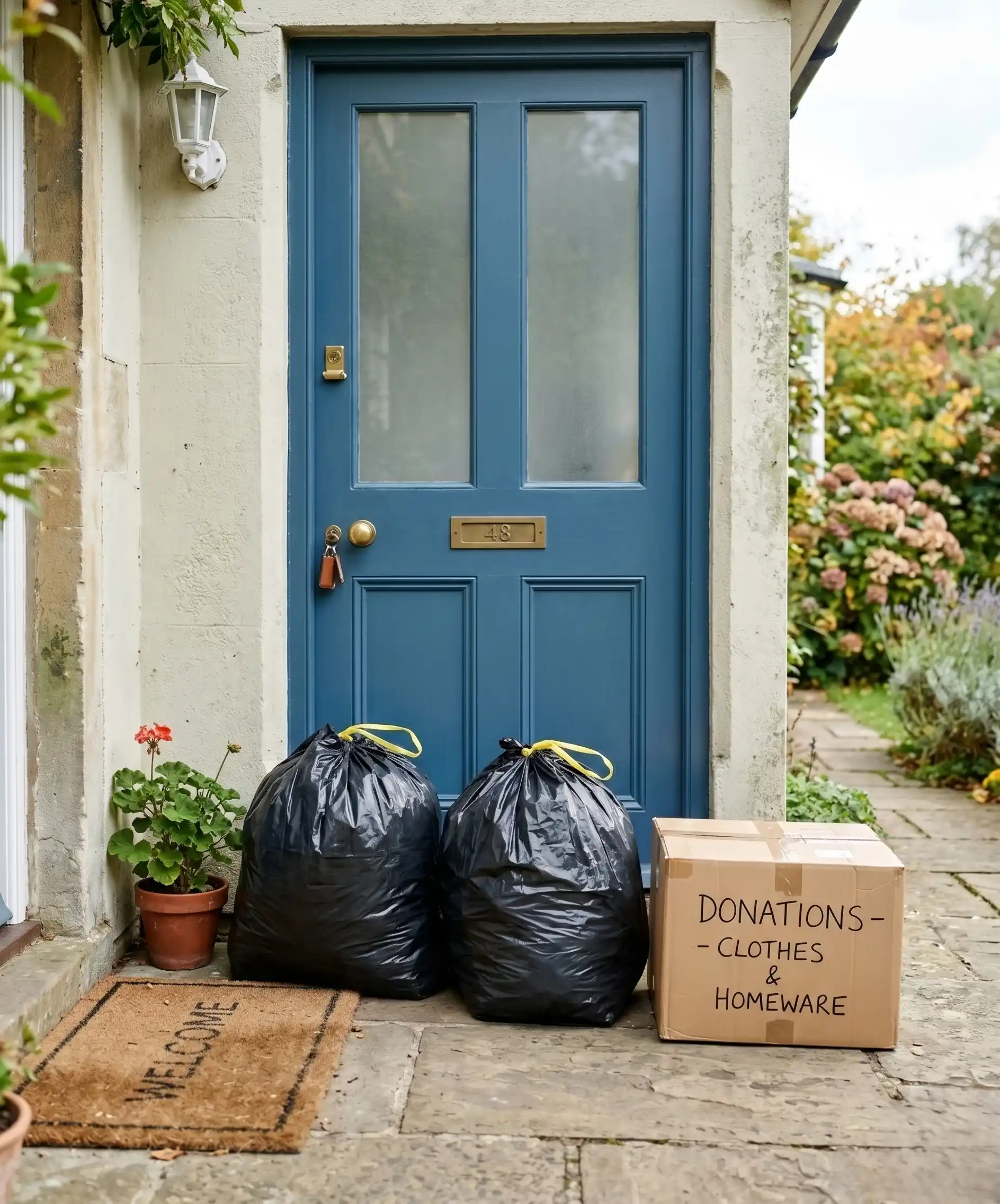 A photo of two full garbage bags and a cardboard donation box sitting by a front door, ready to go &mdash; symbolizing the satisfying finality of the process. Shot with clean, natural lighting.