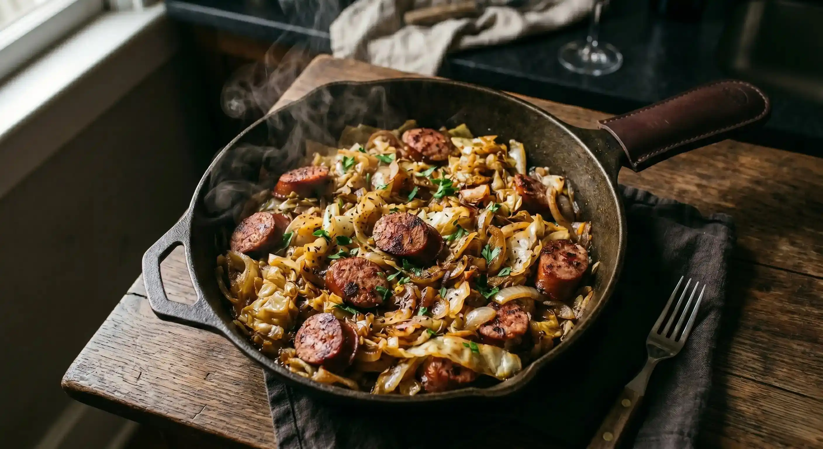 A sizzling cast iron skillet filled with golden caramelized cabbage, sliced smoked sausage, and onions, photographed from above with moody natural lighting.
