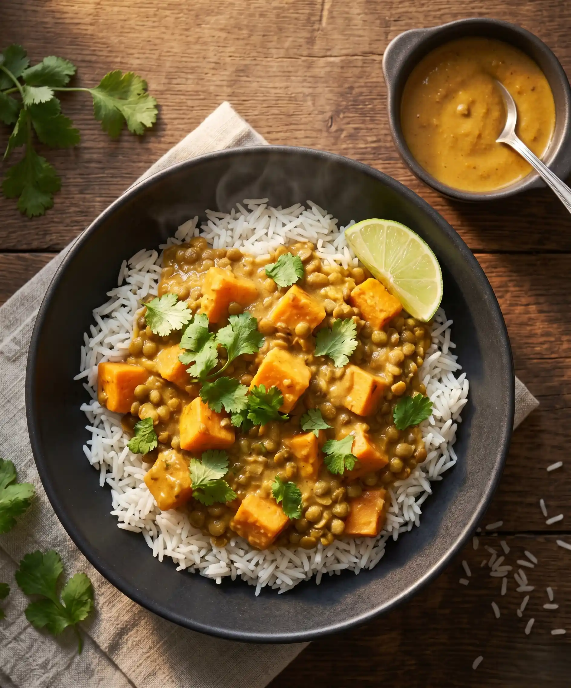 A beautiful top-down shot of lentil and sweet potato curry in a dark bowl over white rice, topped with fresh cilantro and a lime wedge, with a small bowl of extra sauce to the side &mdash; warm, rich, golden tones.