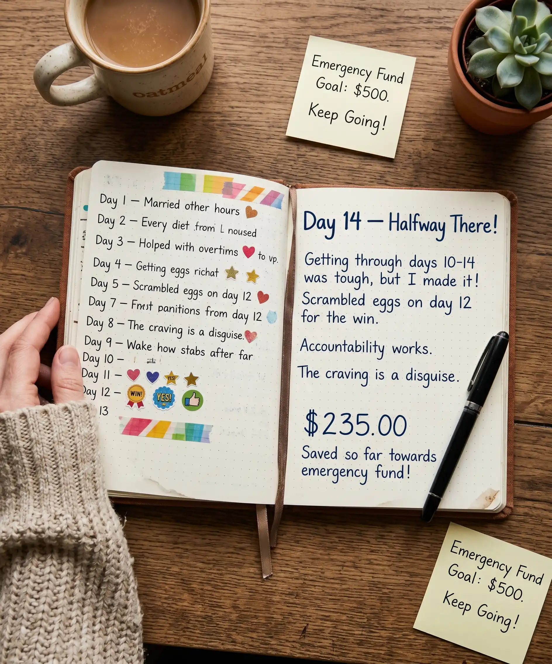 A motivating flat-lay of a no-spend journal open to a page that says "Day 14 &mdash; Halfway There!" with a dollar amount written in, a few stickers marking completed days, and a cozy sweater sleeve visible at the edge &mdash; warm, personal, encouraging.