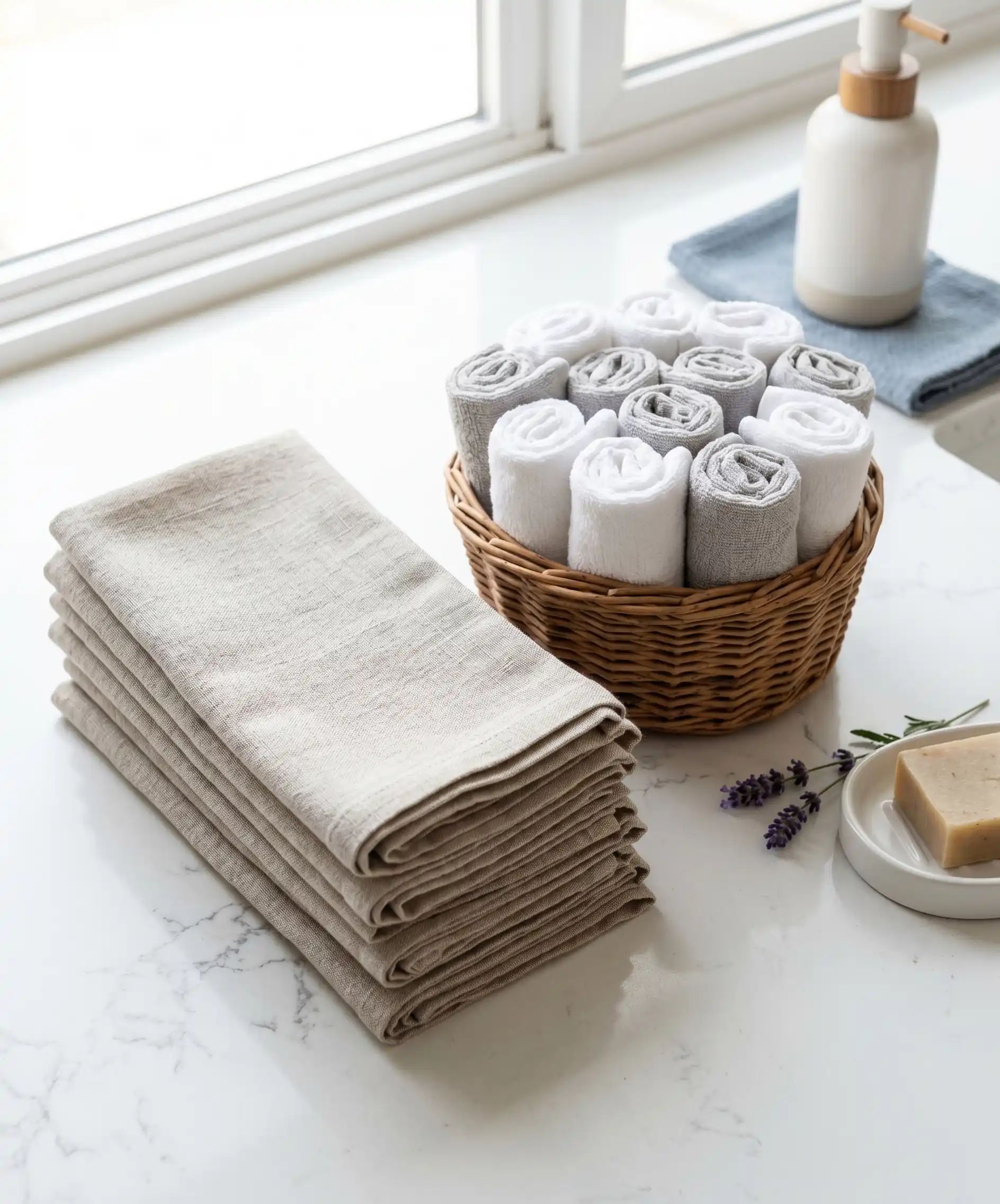 A cozy, bright flat-lay of neatly folded cloth napkins in a neutral linen color stacked next to a small basket of rolled washcloths on a clean white countertop &mdash; simple, aesthetic, and practical.