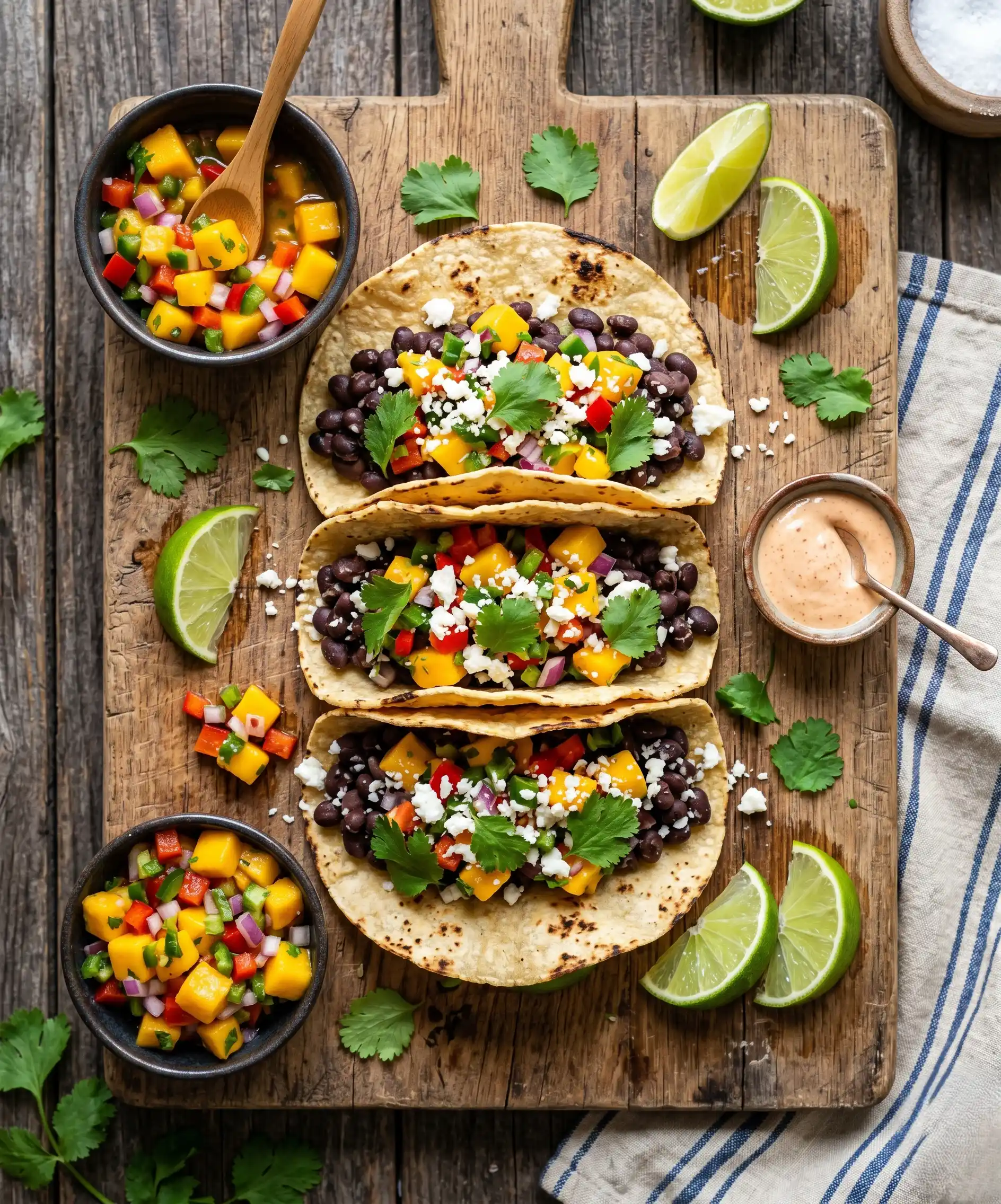 A close-up, vibrant top-down shot of three black bean tacos on a wooden board with colorful mango salsa, fresh cilantro, and lime wedges scattered around &mdash; bright, fresh, and Pinterest-worthy.