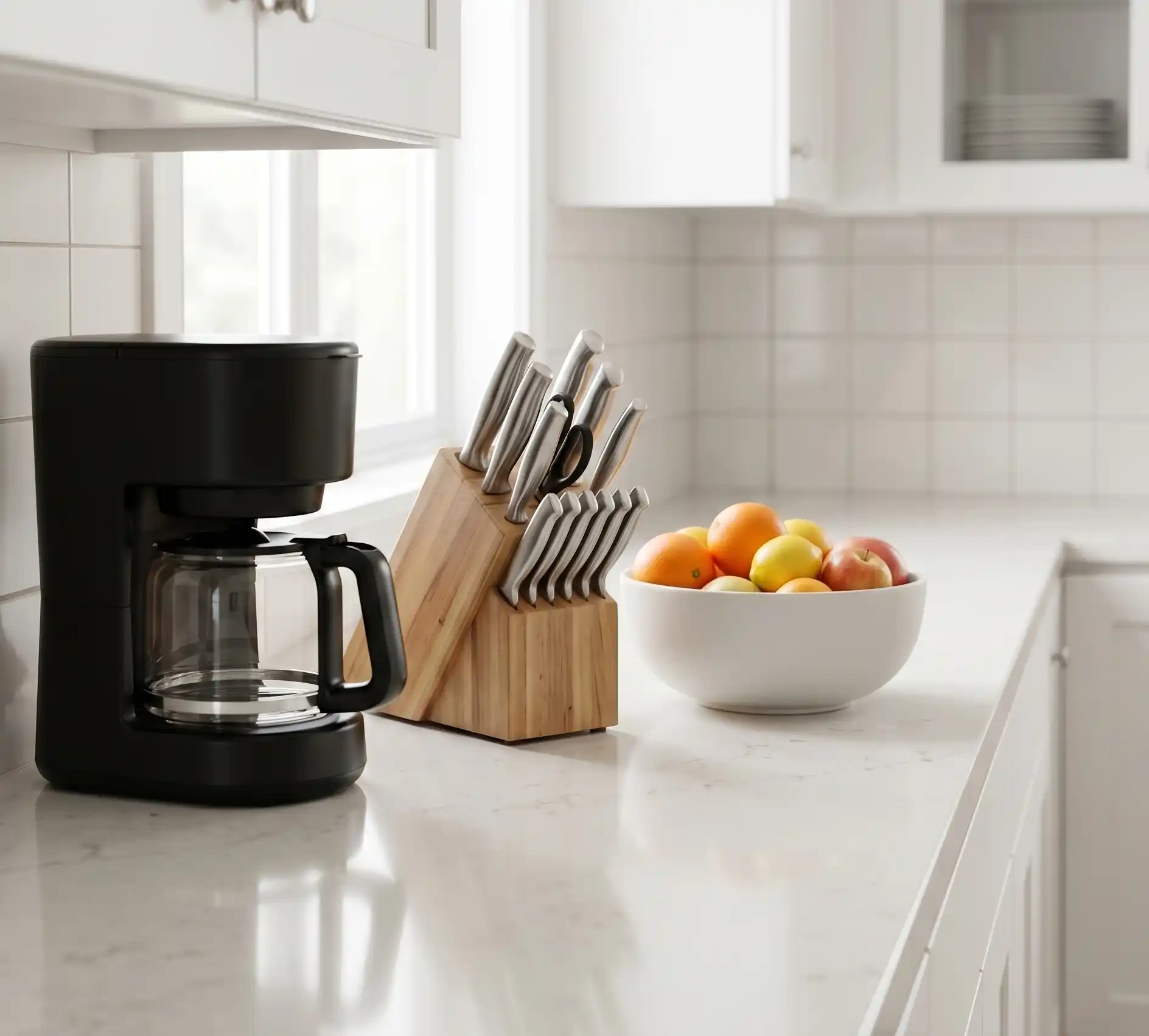 A bright, airy "after" photo of a clean minimalist kitchen counter &mdash; just a coffee maker, a cutting board, and a bowl of fresh fruit, with soft natural light and white or neutral tones.