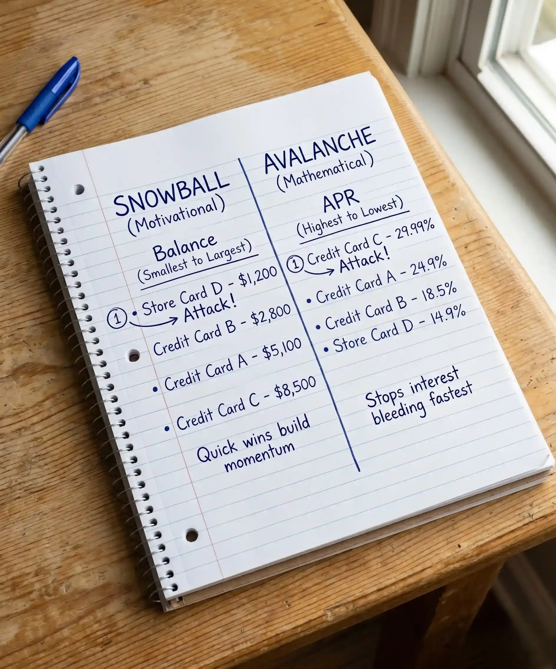A clean, hand-drawn illustration or photo of two lists side by side on a notebook page &mdash; one labeled "Snowball" with cards listed smallest to largest balance, one labeled "Avalanche" with cards listed highest to lowest APR &mdash; simple, clear, and visually educational.