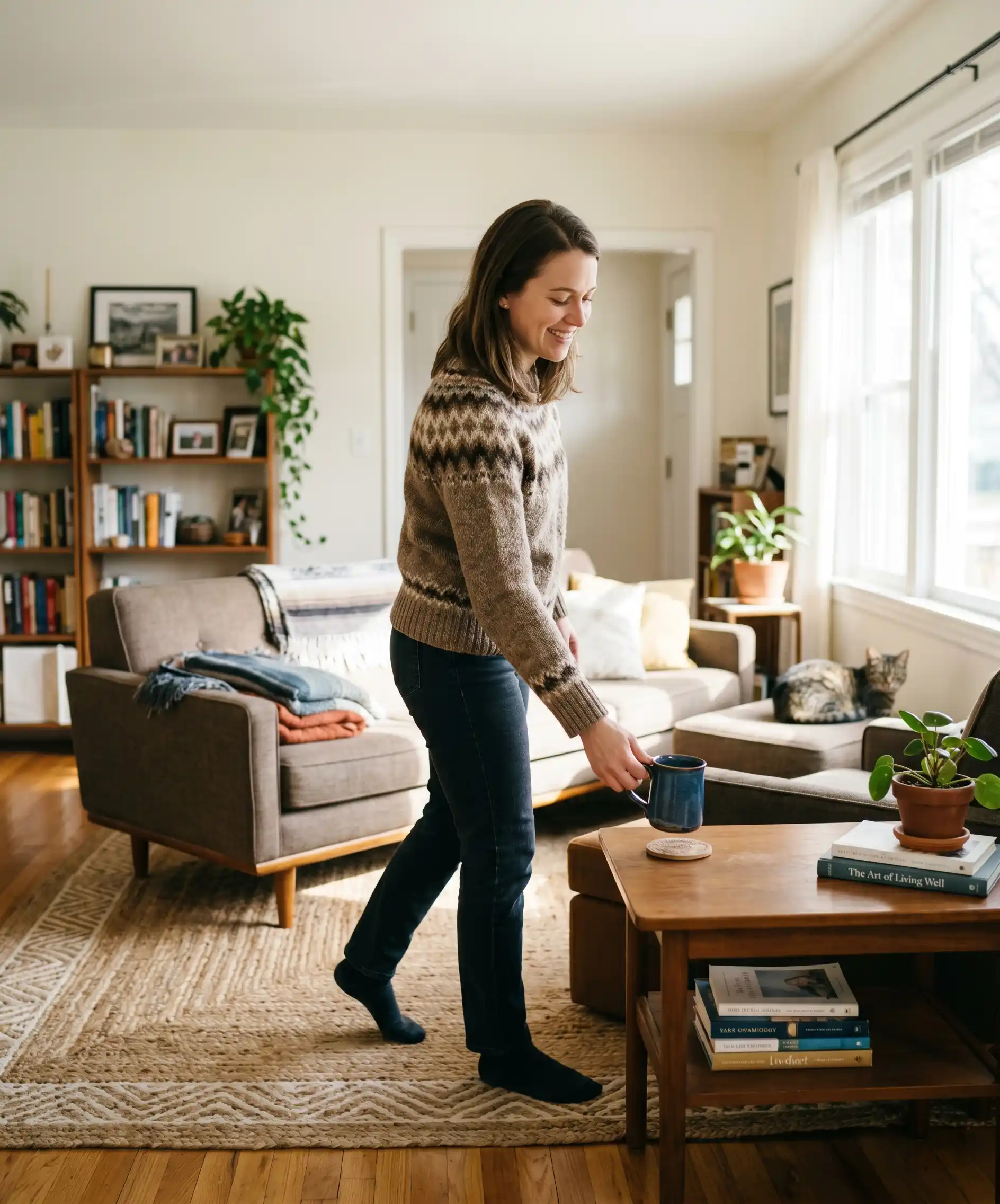A cheerful photo of a person walking through a living room, casually picking up a coffee mug from an end table as they pass by &mdash; natural, unposed, illustrating the effortless "never leave empty-handed" habit in action.