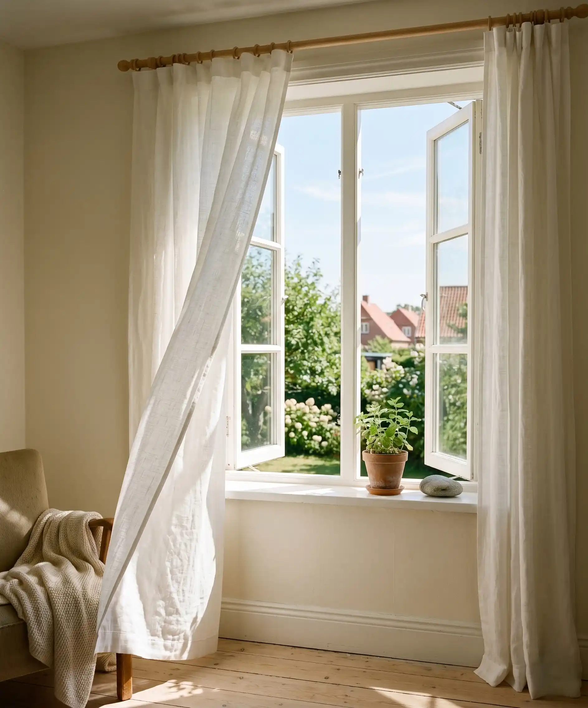 A peaceful, bright photo of white linen curtains billowing gently in an open window on a sunny day &mdash; natural light flooding into a simply furnished room &mdash; evoking fresh air, simplicity, and the feeling of a home that doesn't cost a fortune to run.