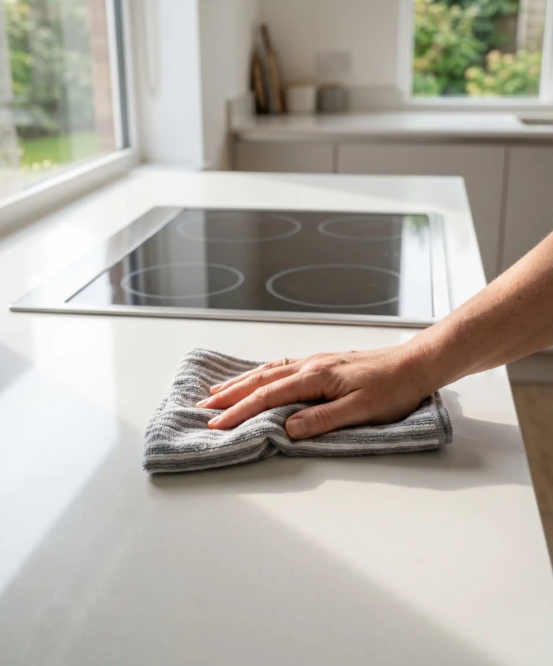 A satisfying close-up photo of a hand wiping down a clean, clear kitchen counter with a damp cloth after a meal &mdash; stovetop gleaming behind it, good natural light, no clutter in sight &mdash; the daily two-minute reset made visual.