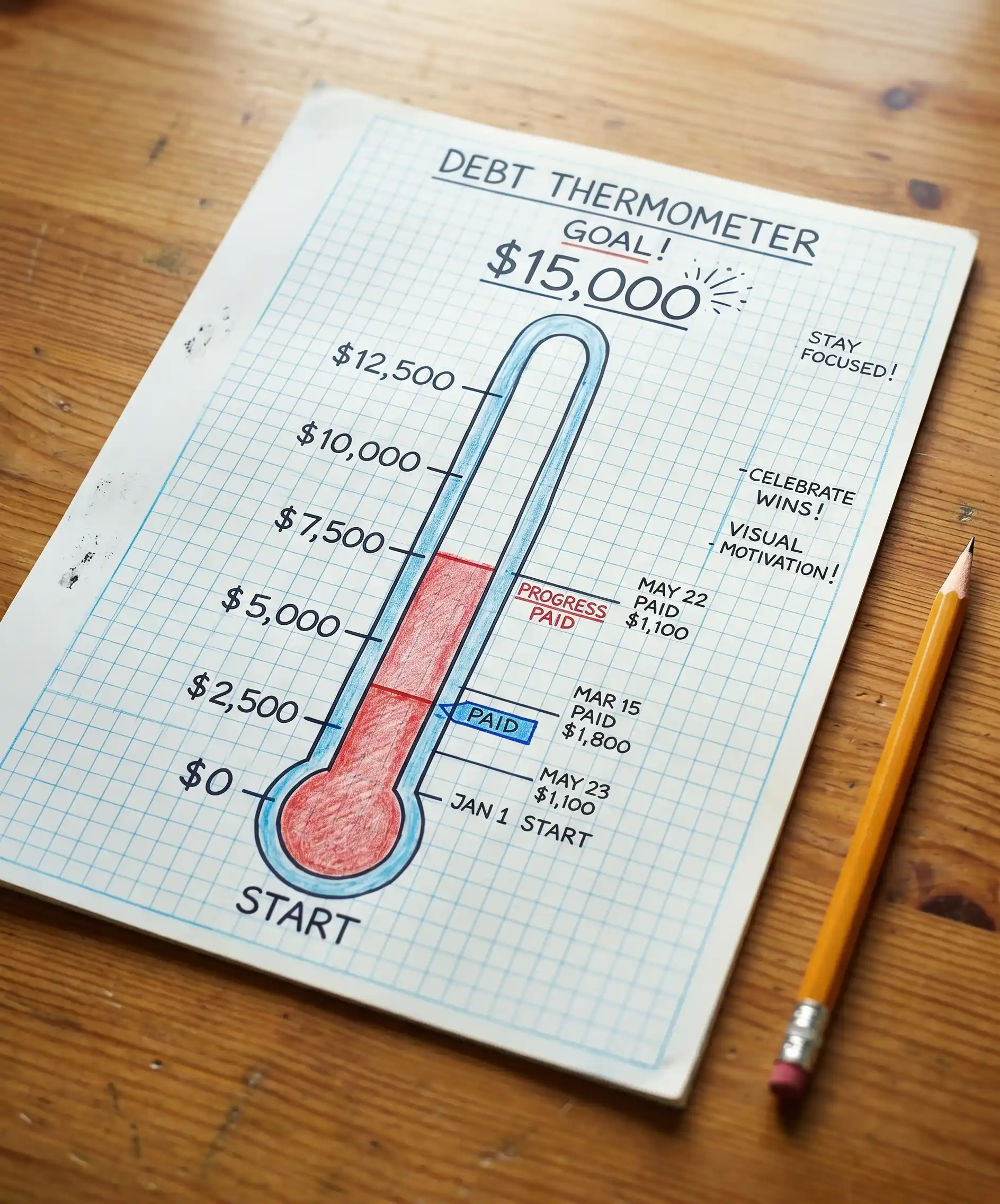 A close-up, satisfying photo of a handwritten debt payoff tracker &mdash; a colorful thermometer drawing on graph paper with a portion filled in red &mdash; sitting on a wooden desk with a pencil beside it &mdash; hopeful and visual.
