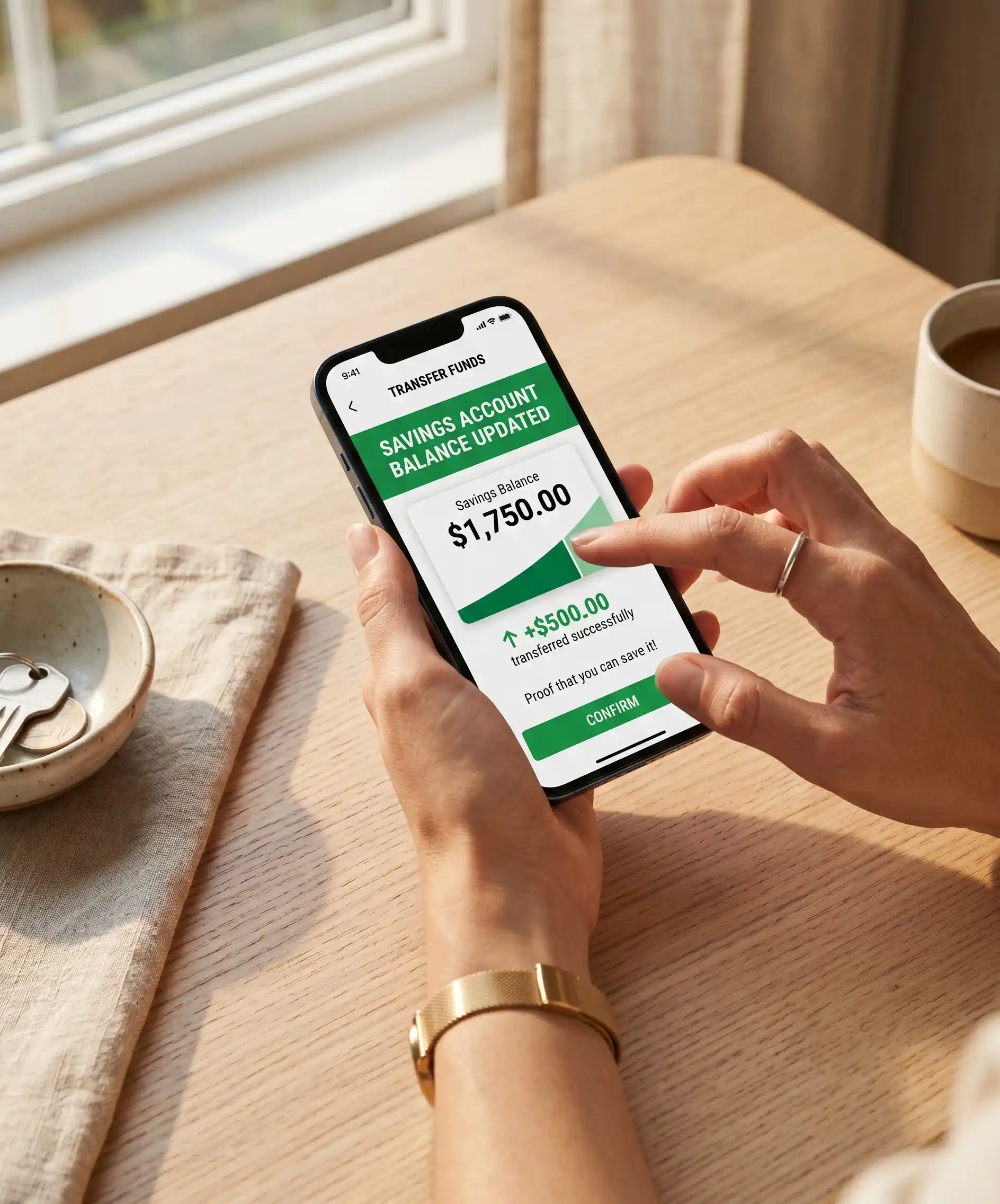 A close-up, satisfying photo of a person transferring money on a phone banking app &mdash; the screen shows a savings account balance going up &mdash; shot from above with clean, minimal styling and warm natural light.