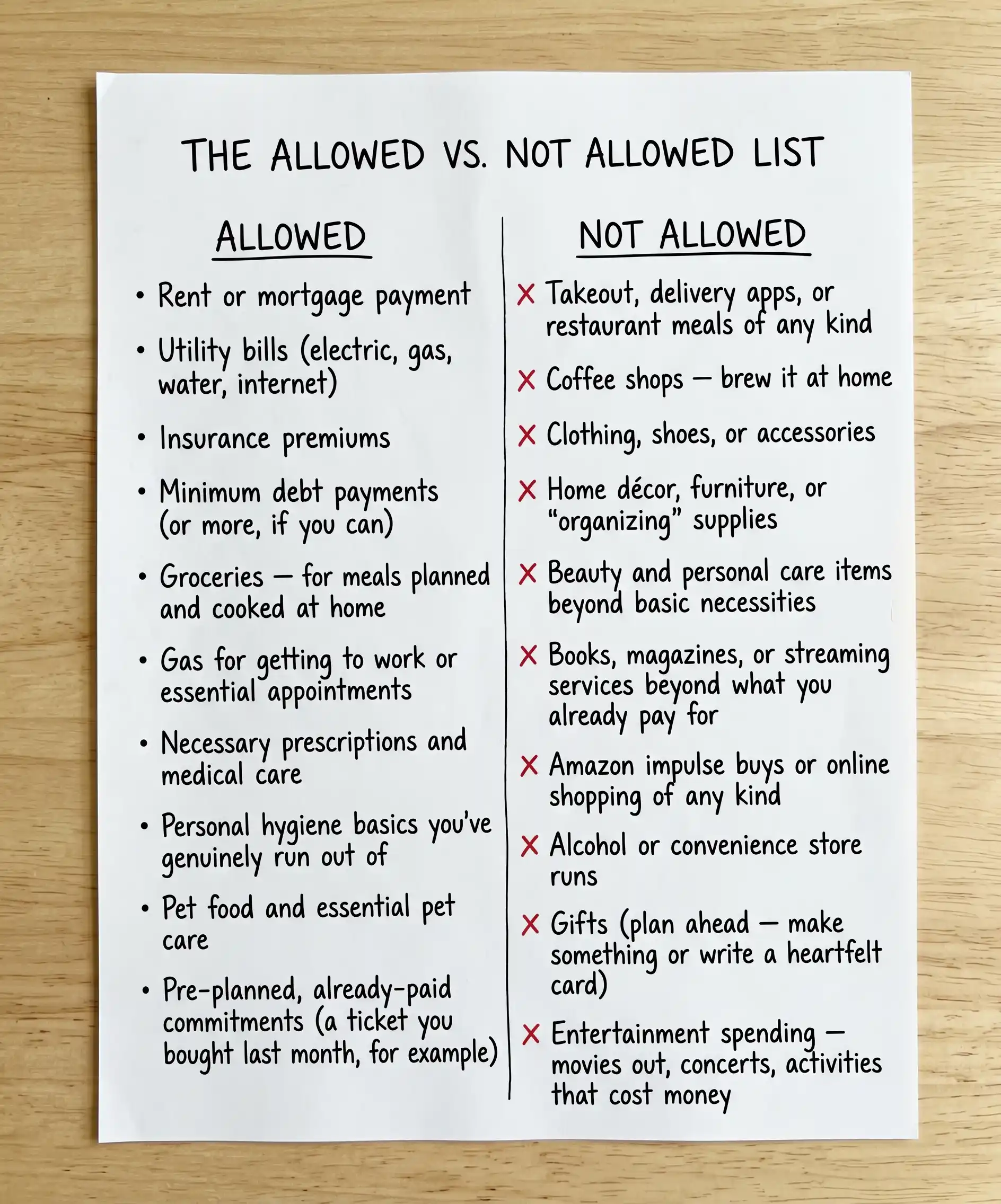 A clean, simple two-column graphic or handwritten list on white paper with "ALLOWED" on the left and "NOT ALLOWED" on the right, styled with minimal design, sitting on a light background &mdash; practical and pinnable.