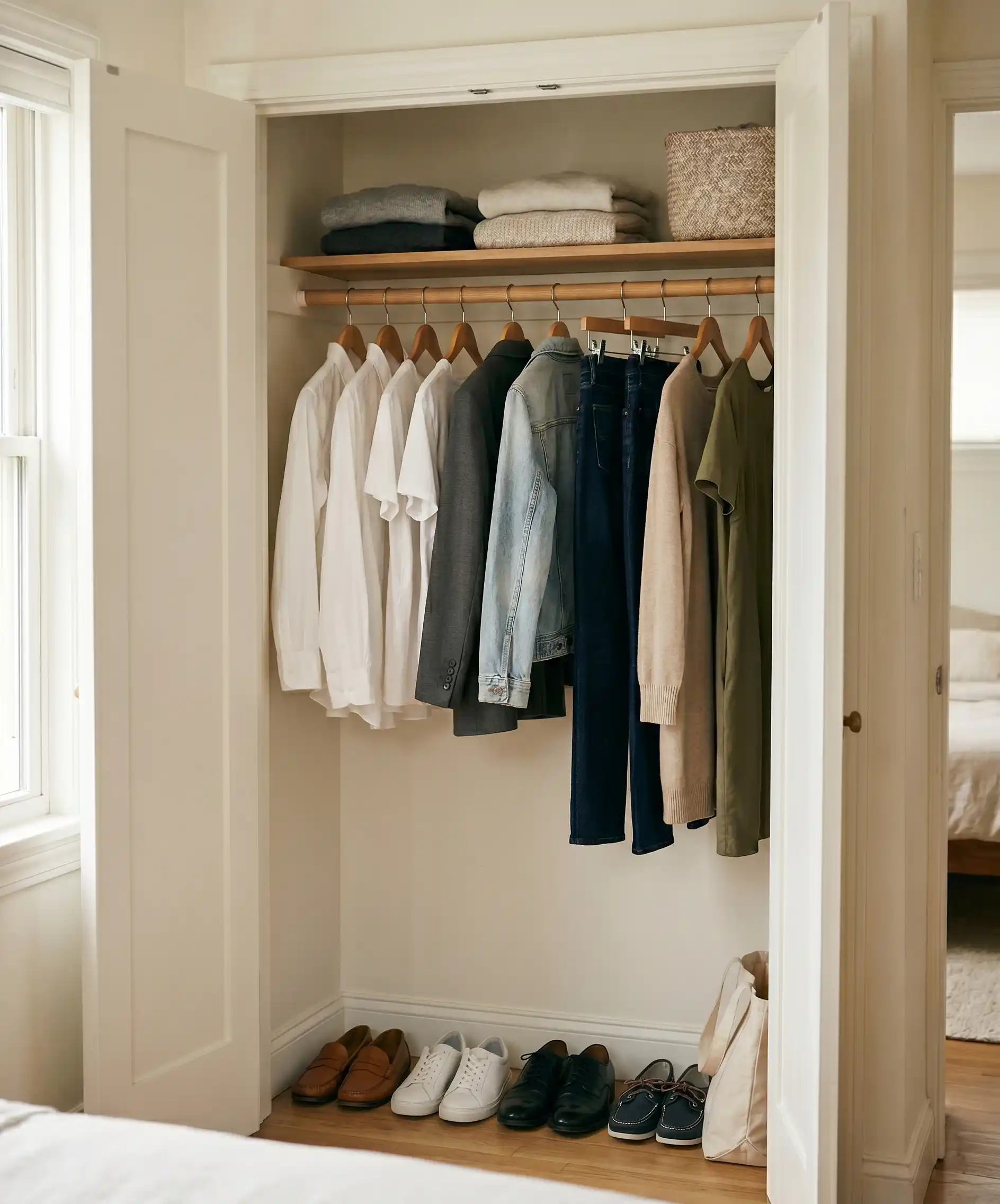 A real-looking, lived-in photo of a minimalist closet with a small number of neatly hung neutral clothes &mdash; white shirts, one or two pairs of jeans, a blazer, and a couple of simple dresses &mdash; warm lighting, organized and calm.