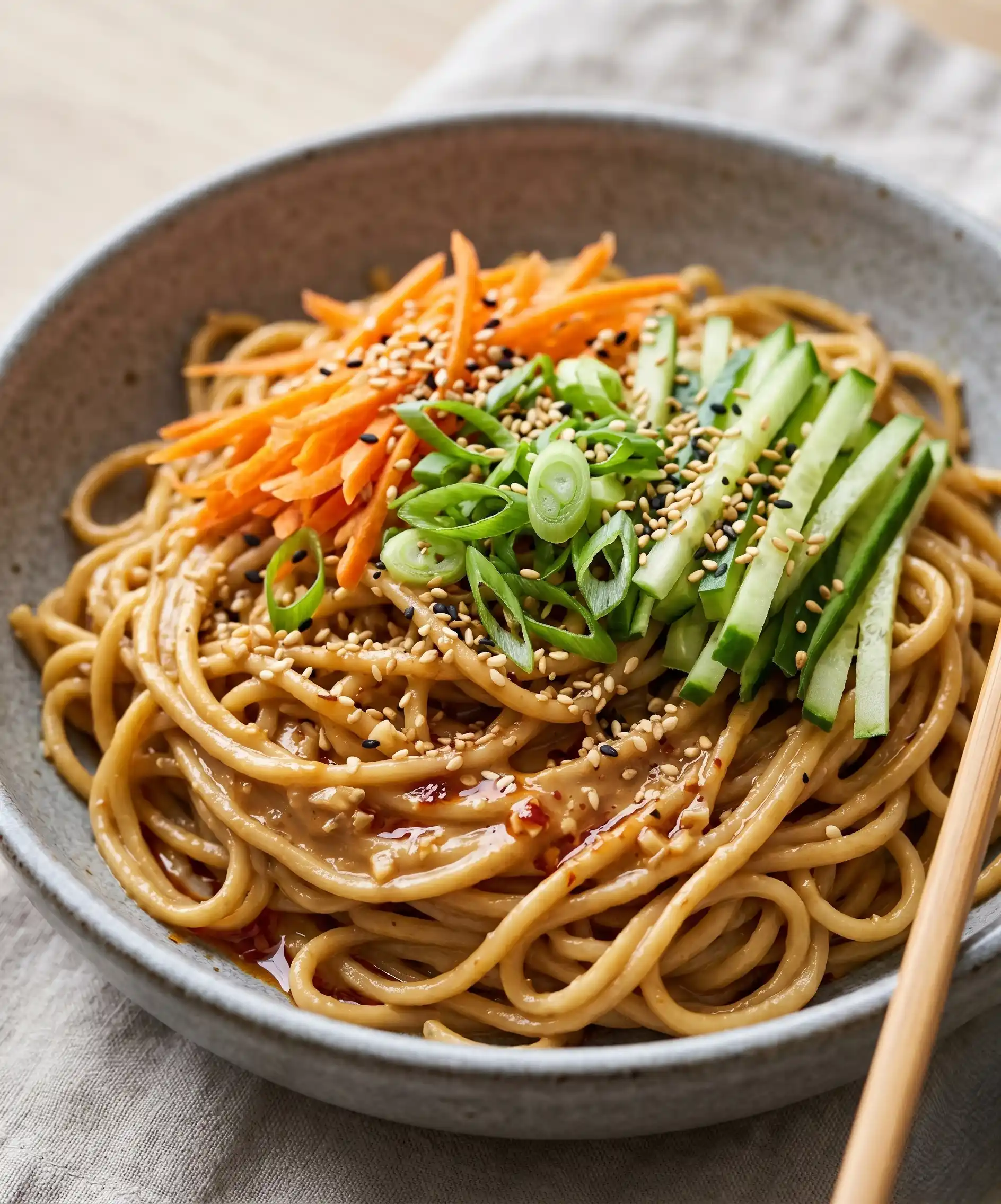 A close-up shot of a bowl of glossy peanut butter noodles topped with shredded carrots, sliced cucumbers, green onions, and sesame seeds &mdash; colorful, fresh, and vibrant against a neutral background.