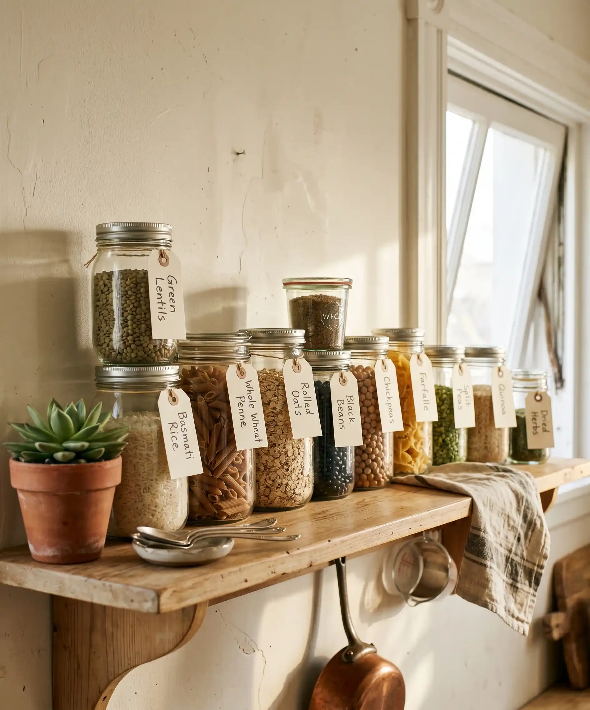A charming, organized photo of a kitchen shelf lined with repurposed glass jars holding dry goods &mdash; lentils, rice, pasta, oats &mdash; labeled neatly with simple tags, warm natural light, giving a sense of practical, beautiful zero-waste homemaking.