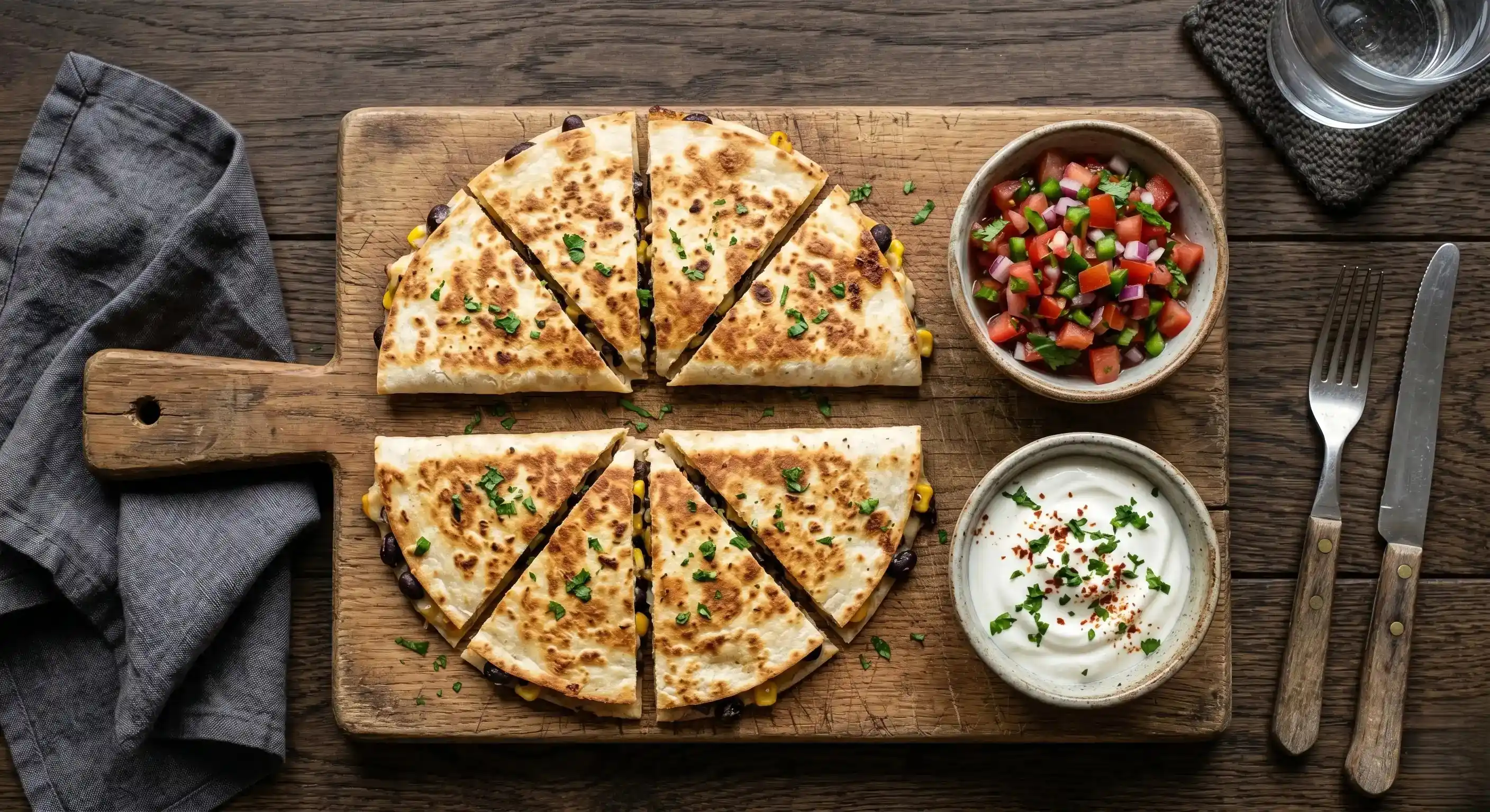 A top-down flat-lay of two golden, crispy black bean quesadillas cut into triangles, with a small bowl of salsa and sour cream to the side, on a rustic wooden board.