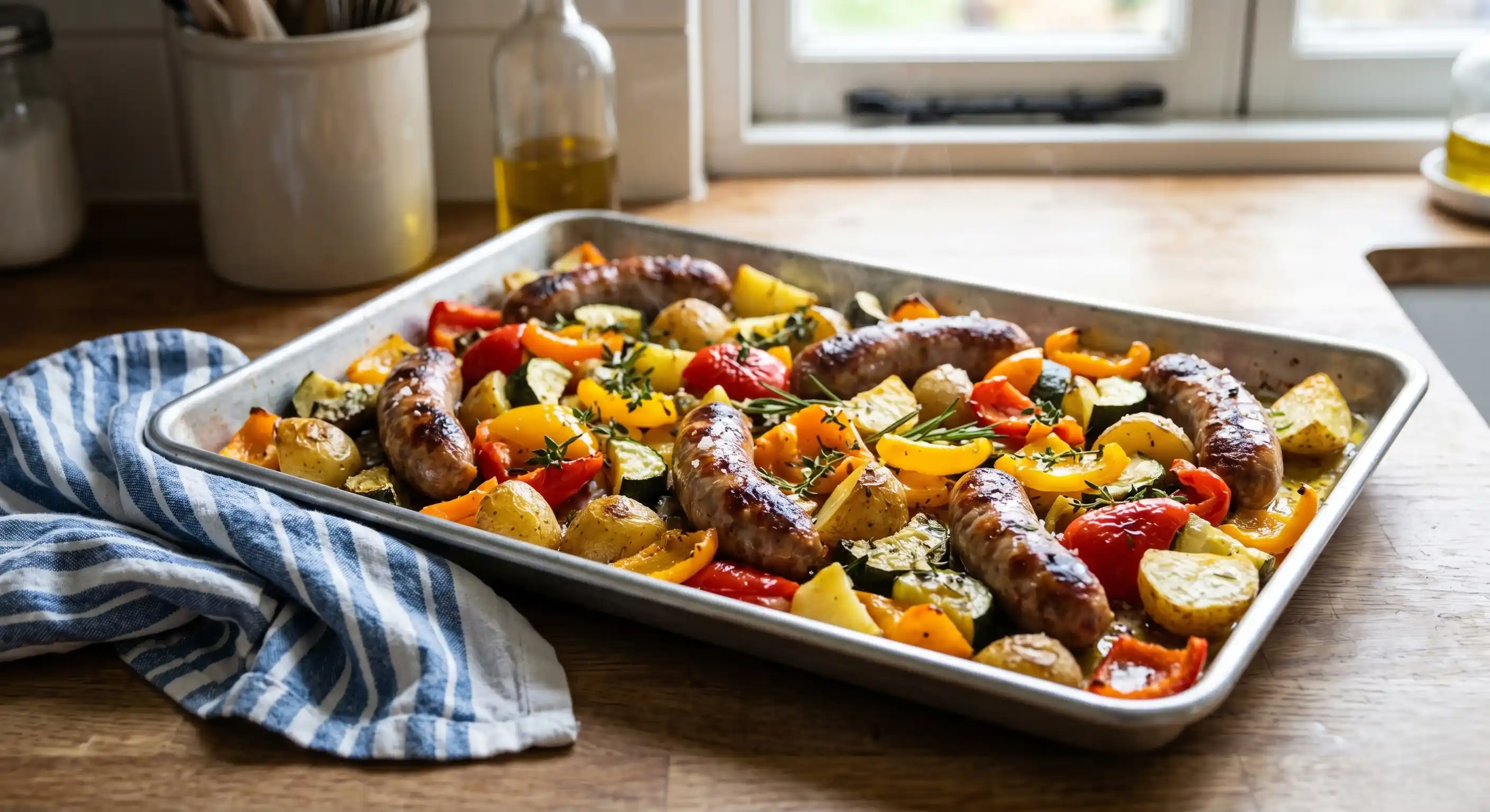 A golden, colourful sheet pan fresh from the oven with caramelized sausages and roasted bell peppers, zucchini, and potatoes, shot at a slight angle with a kitchen towel in the corner for styling.