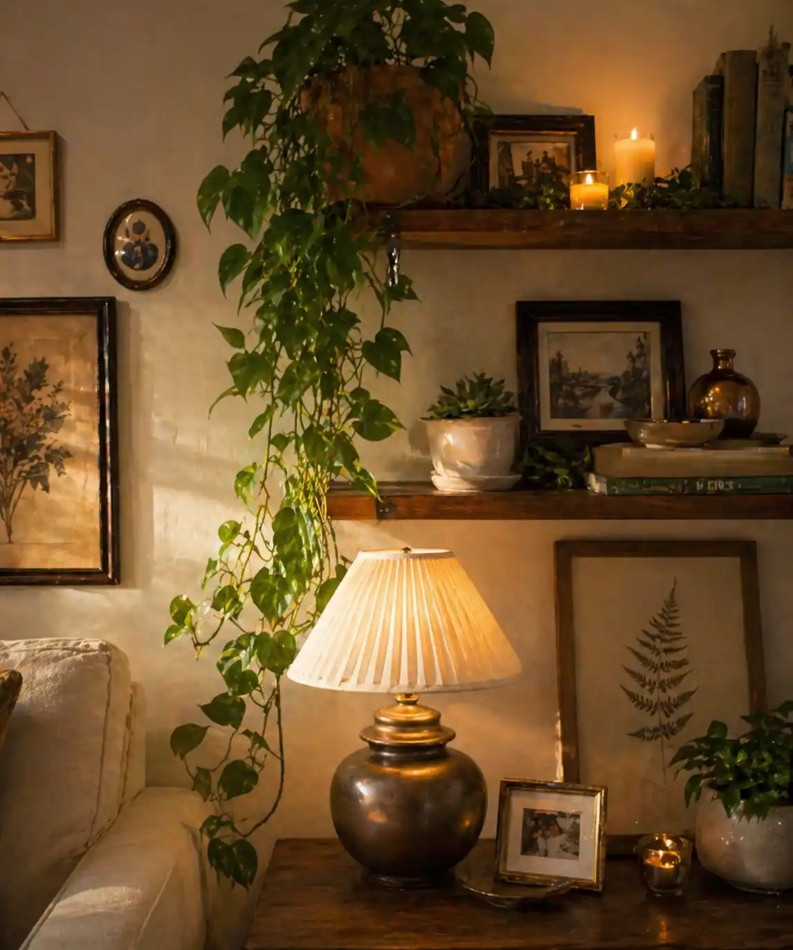 budget-living-room-decor-trailing-pothos-thrifted-lamp