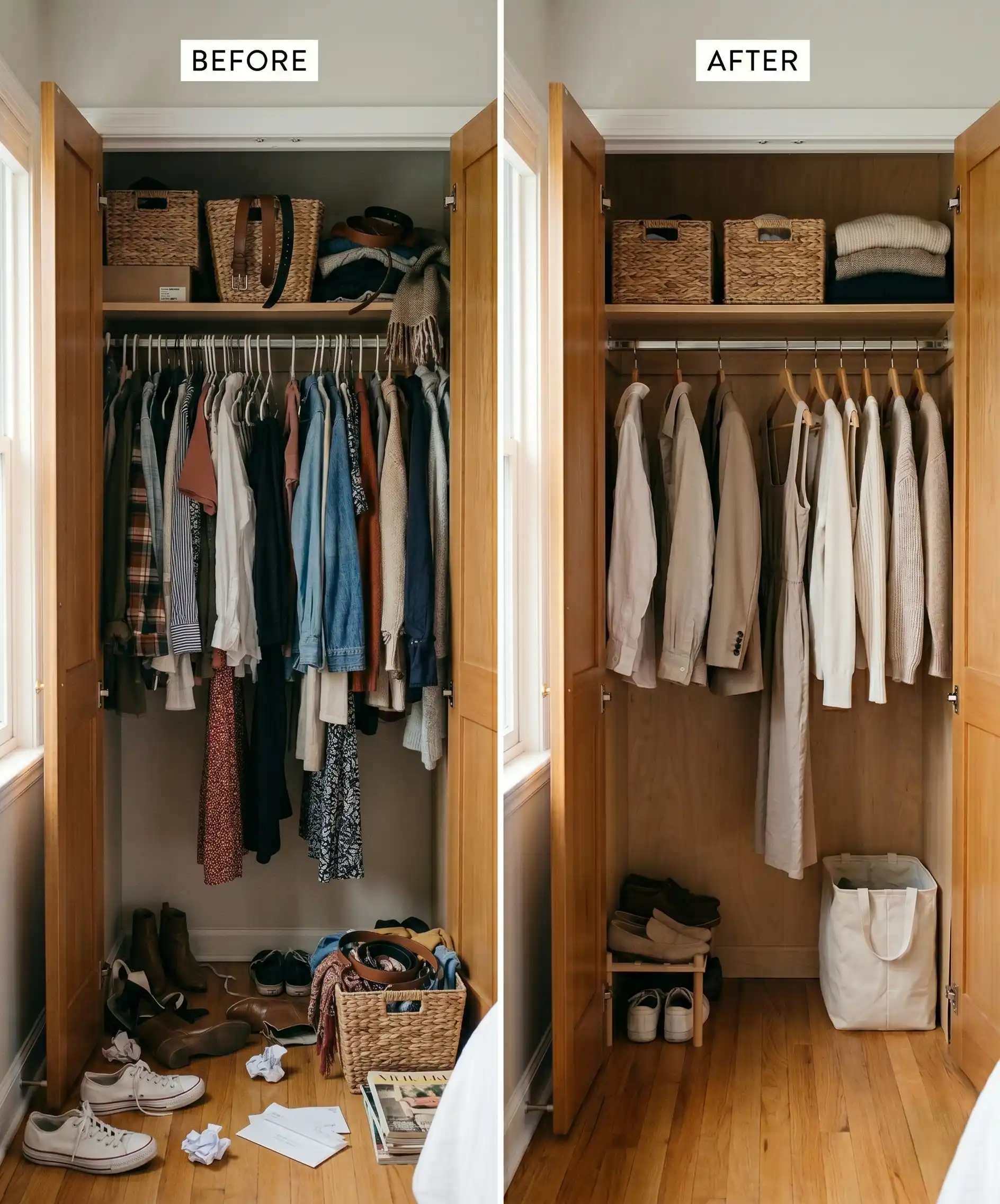 A side-by-side diptych: on the left, a messy overstuffed closet with clothes piled and falling off hangers; on the right, the same closet looking calm, organized, and minimal with just a small number of intentional pieces &mdash; the visual goal made clear.